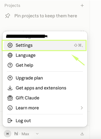Claude profile menu with Settings highlighted