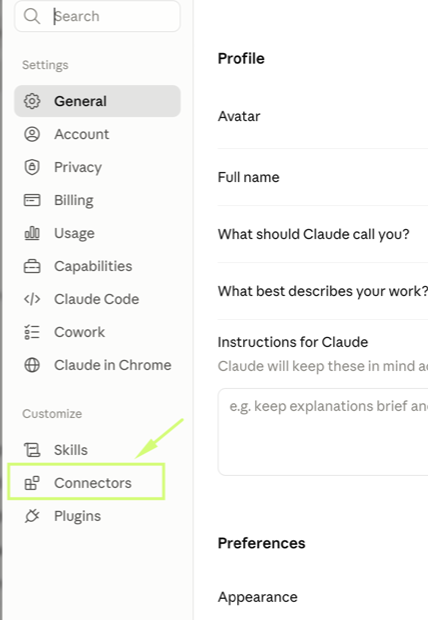 Claude settings sidebar with Connectors highlighted