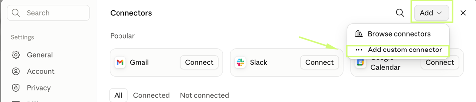 Connectors page with the Add menu open and Add custom connector highlighted