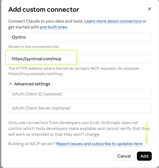Add custom connector dialog with the QynTro MCP address filled in