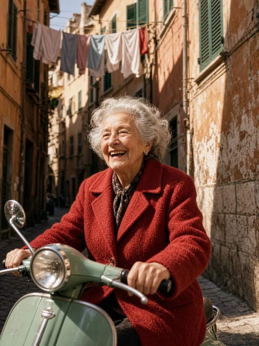 Red Coat, Green Scooter - made with Grok Imagine 2.0